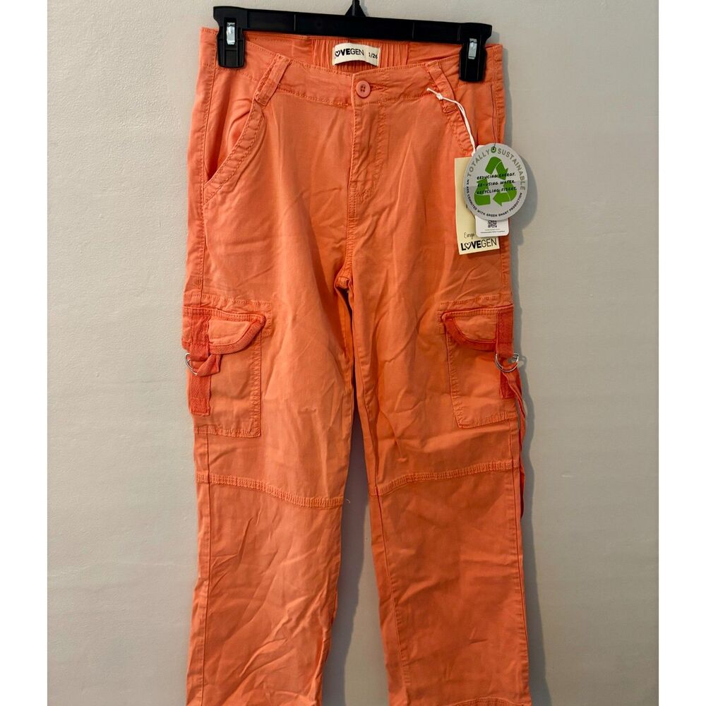 Lovegen Women’s Orange Cargo Pants Straight Leg with Pockets Size 1/26 NWT